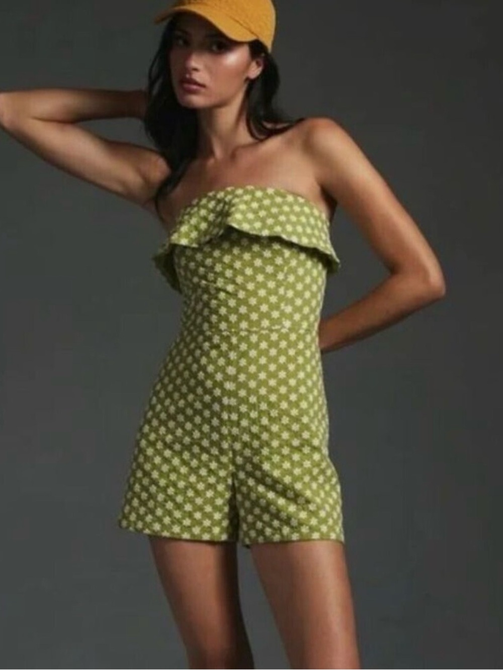 Corey Lynn Calter Lime Green Floral Strapless Romper with Ruffle